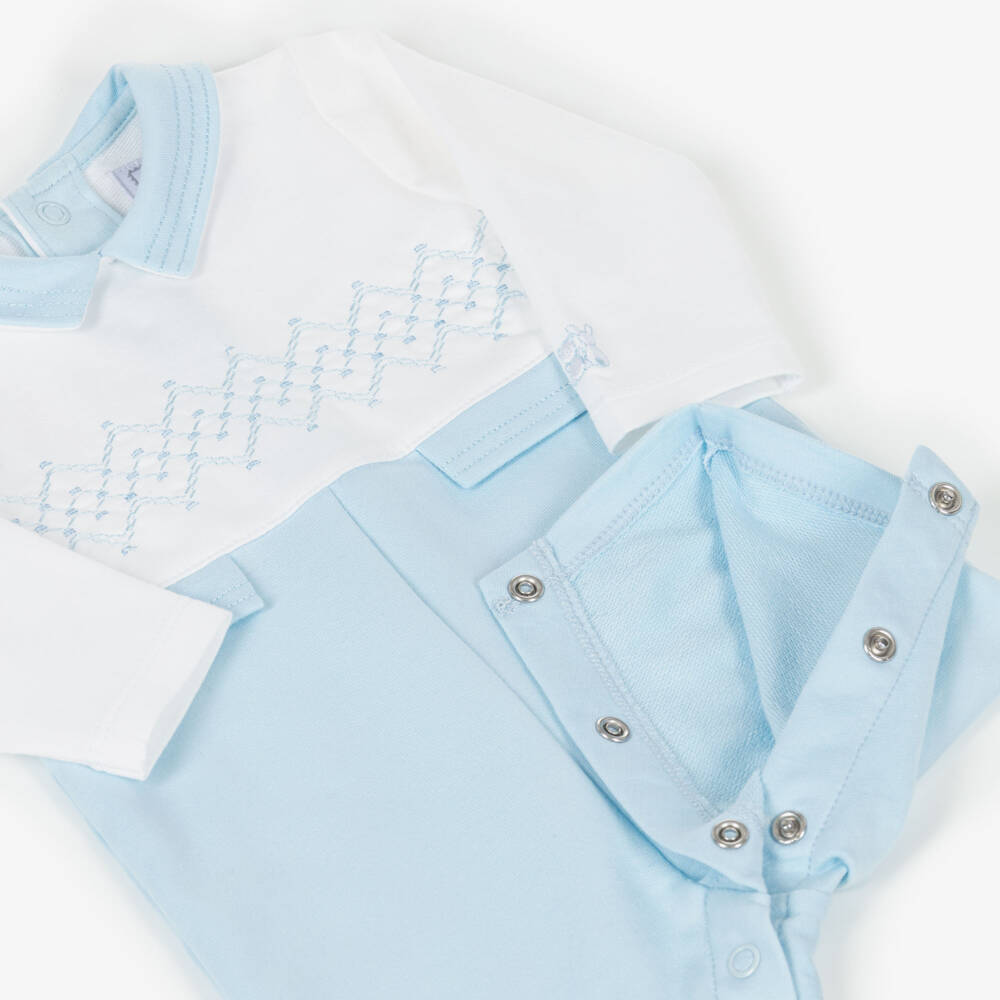 Emile et Rose-Boys Blue & White Cotton Embroidered Romper | Childrensalon