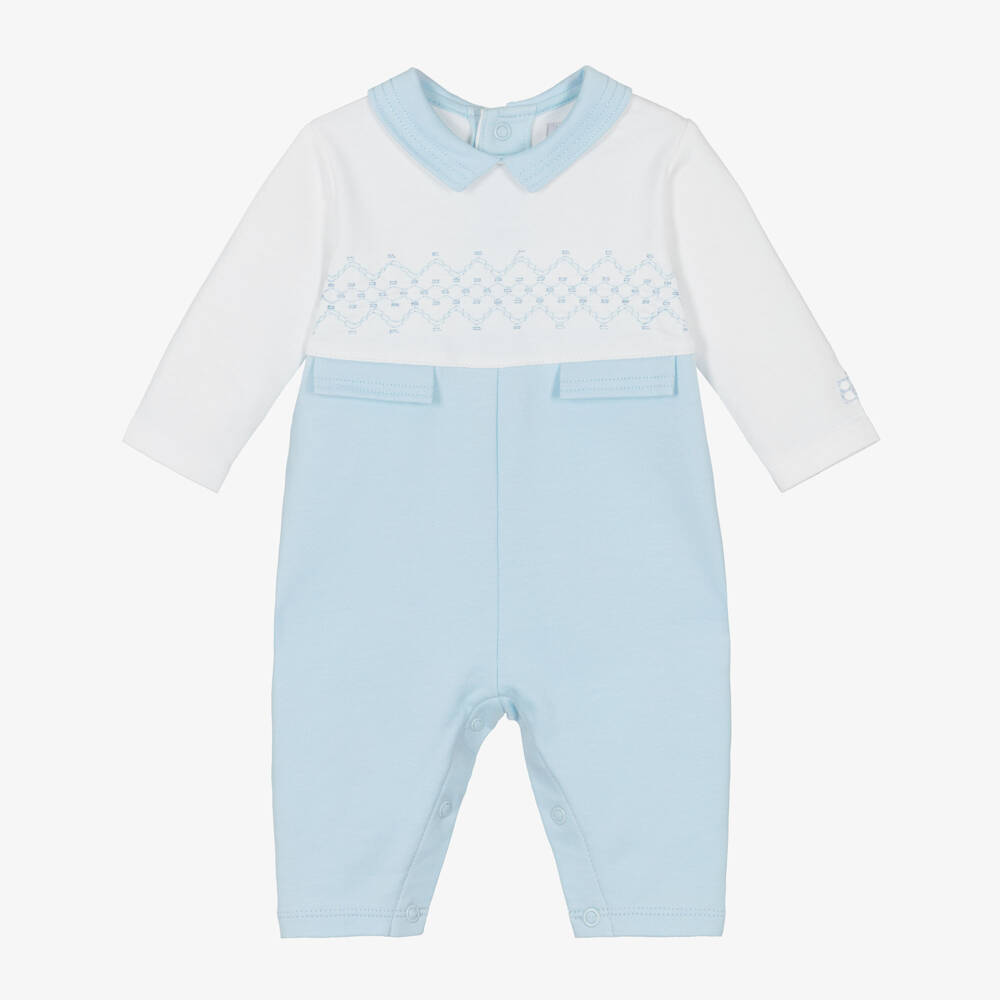 Emile et Rose-Boys Blue & White Cotton Embroidered Romper | Childrensalon