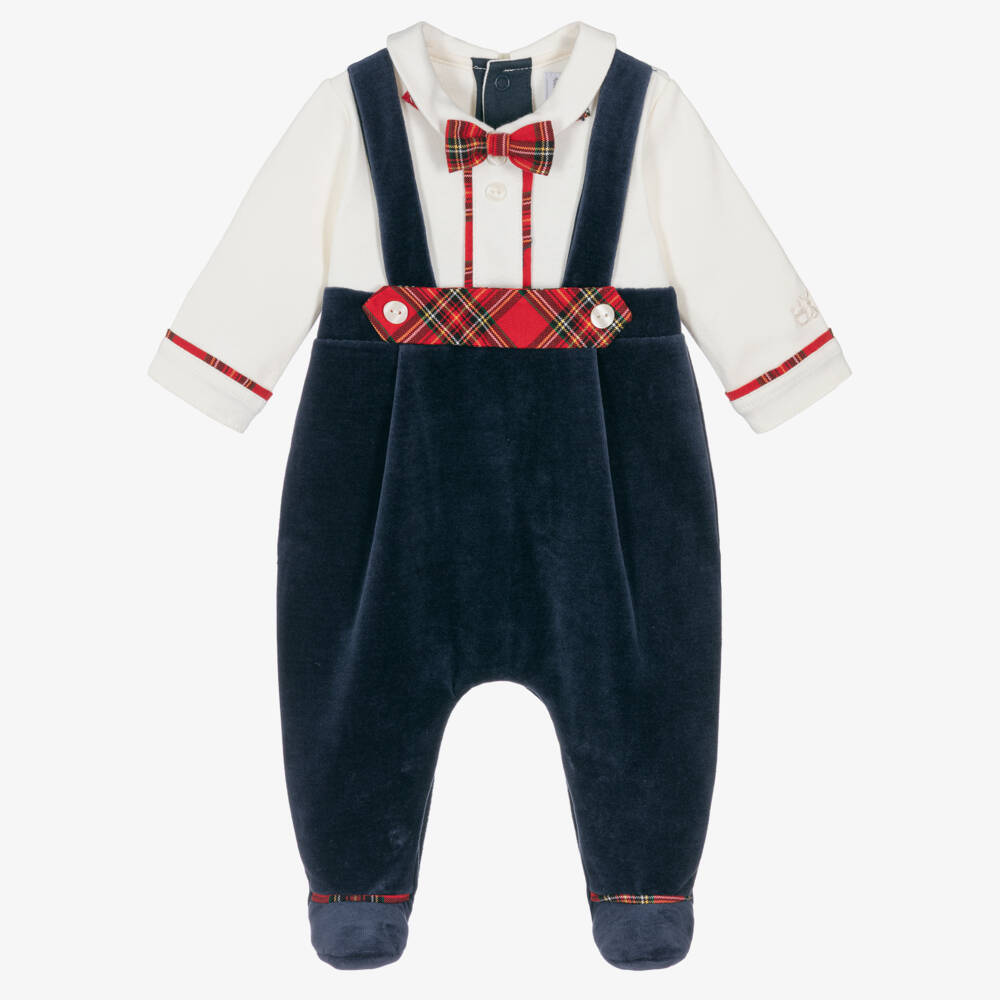 Emile et Rose-Boys Ivory & Navy Blue Velour Babygrow with Tartan Bow Tie | Childrensalon