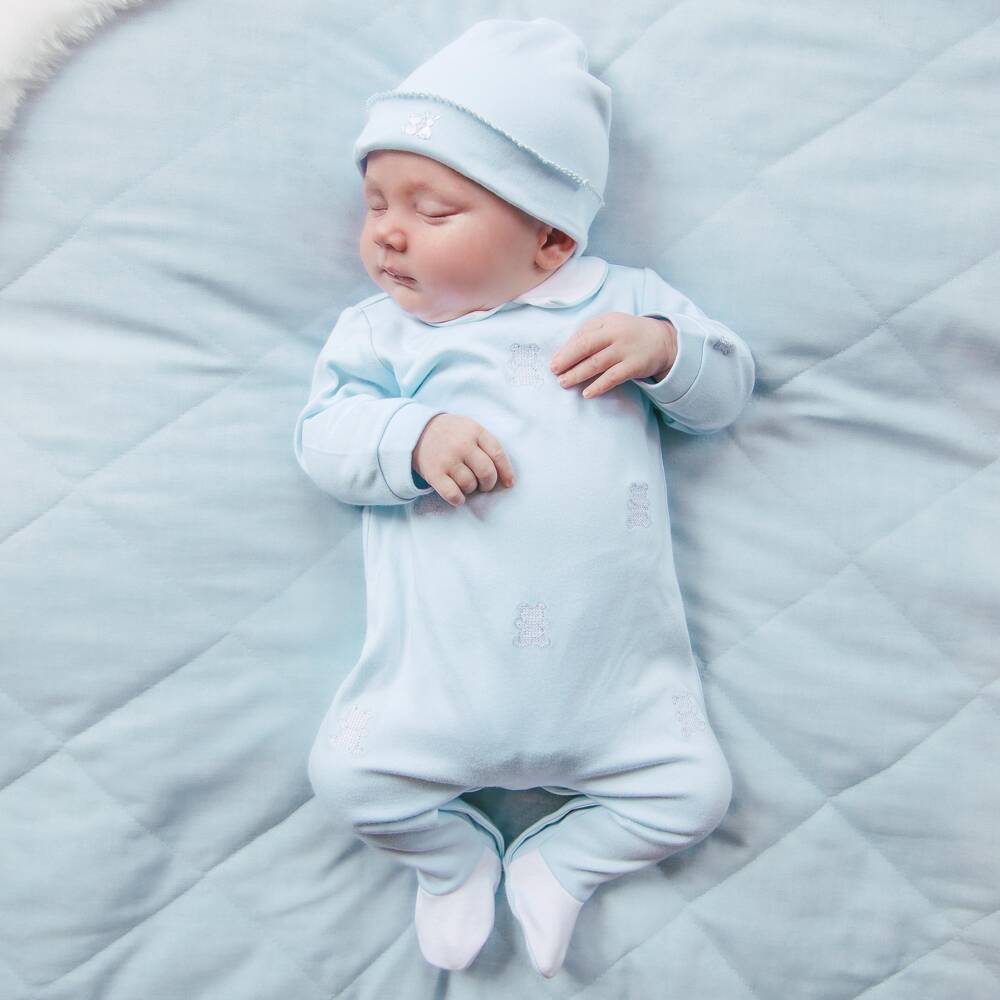 Emile et Rose-Boys Pale Blue Cotton Babygrow Set with Teddy Embroidery | Childrensalon