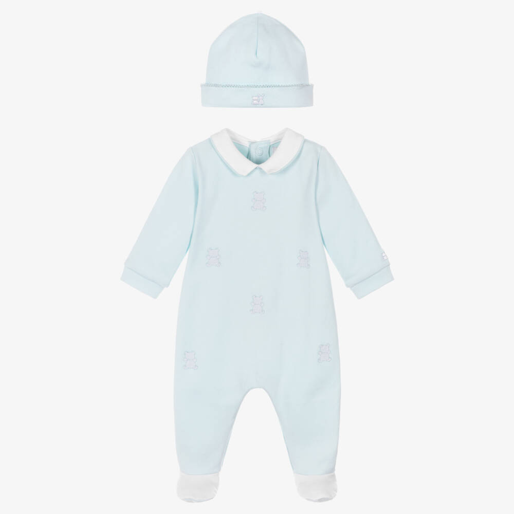 Emile et Rose-Boys Pale Blue Cotton Babygrow Set with Teddy Embroidery | Childrensalon