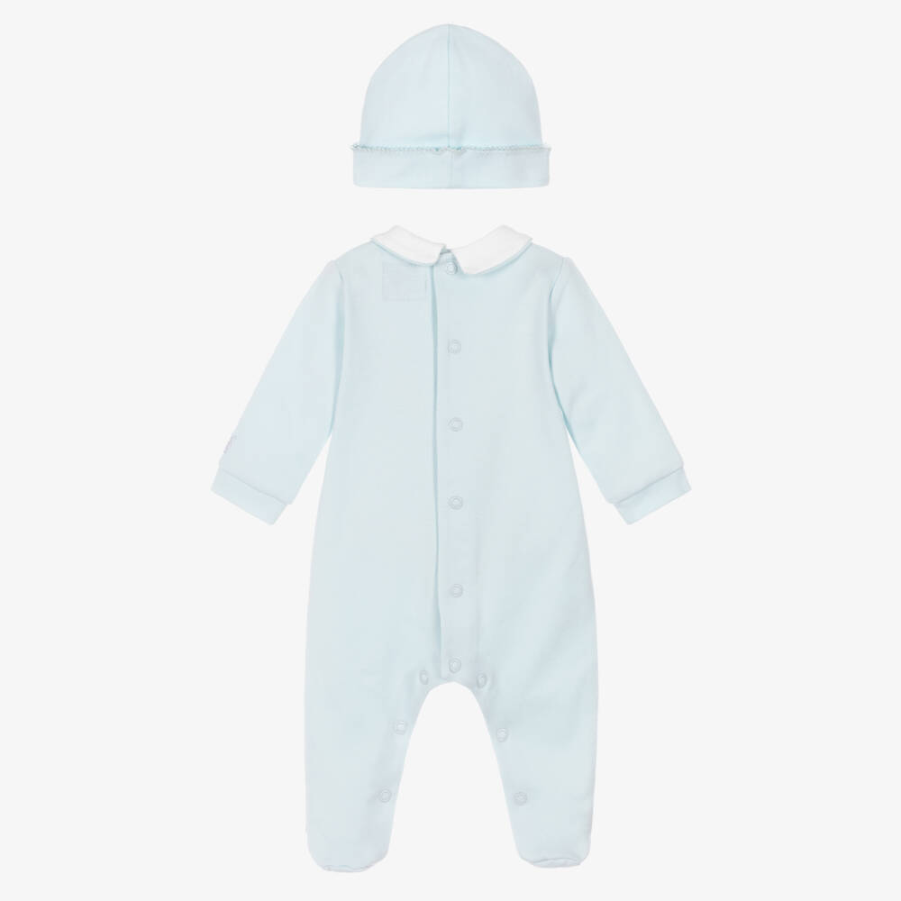 Emile et Rose-Boys Pale Blue Cotton Babygrow Set with Teddy Embroidery | Childrensalon