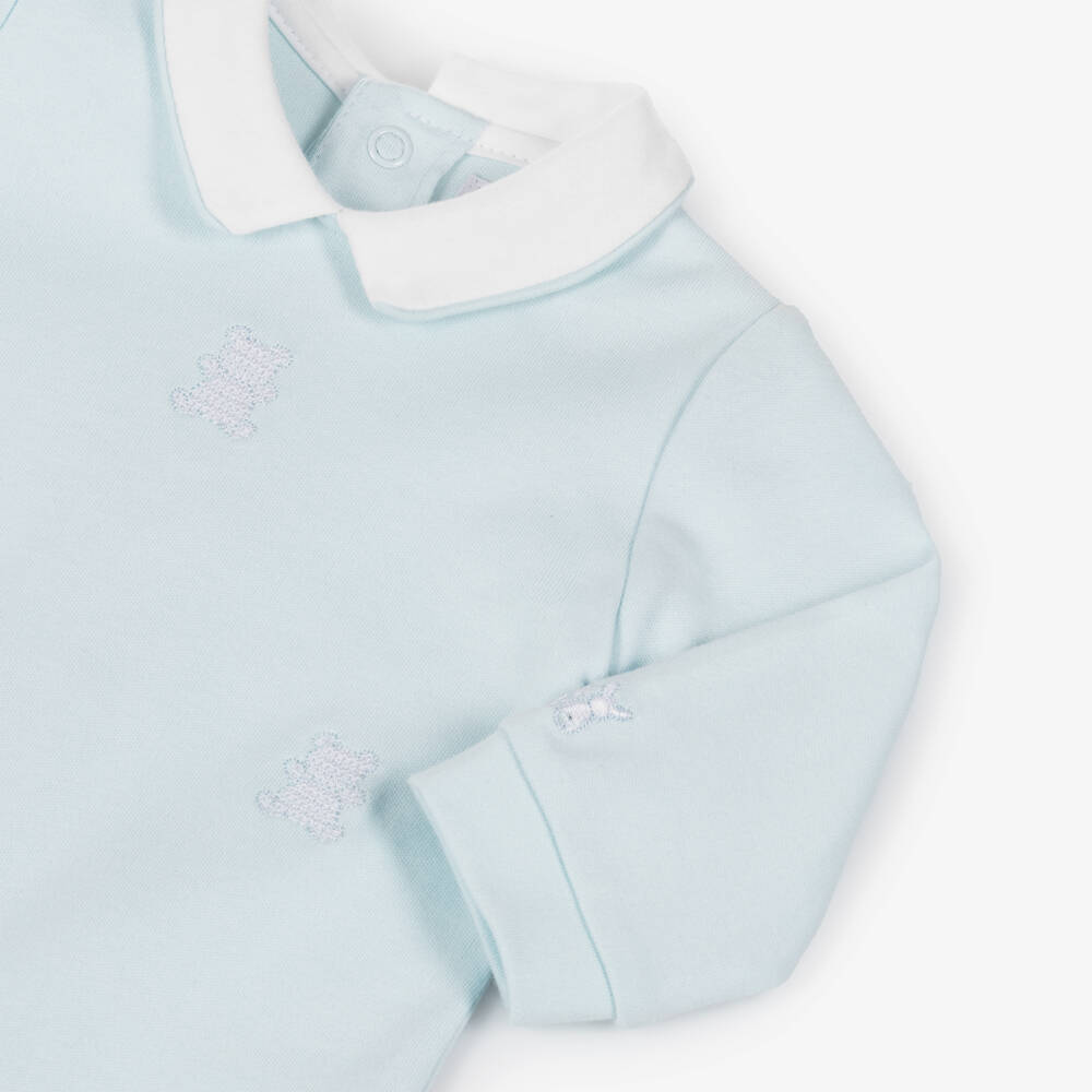 Emile et Rose-Boys Pale Blue Cotton Babygrow Set with Teddy Embroidery | Childrensalon
