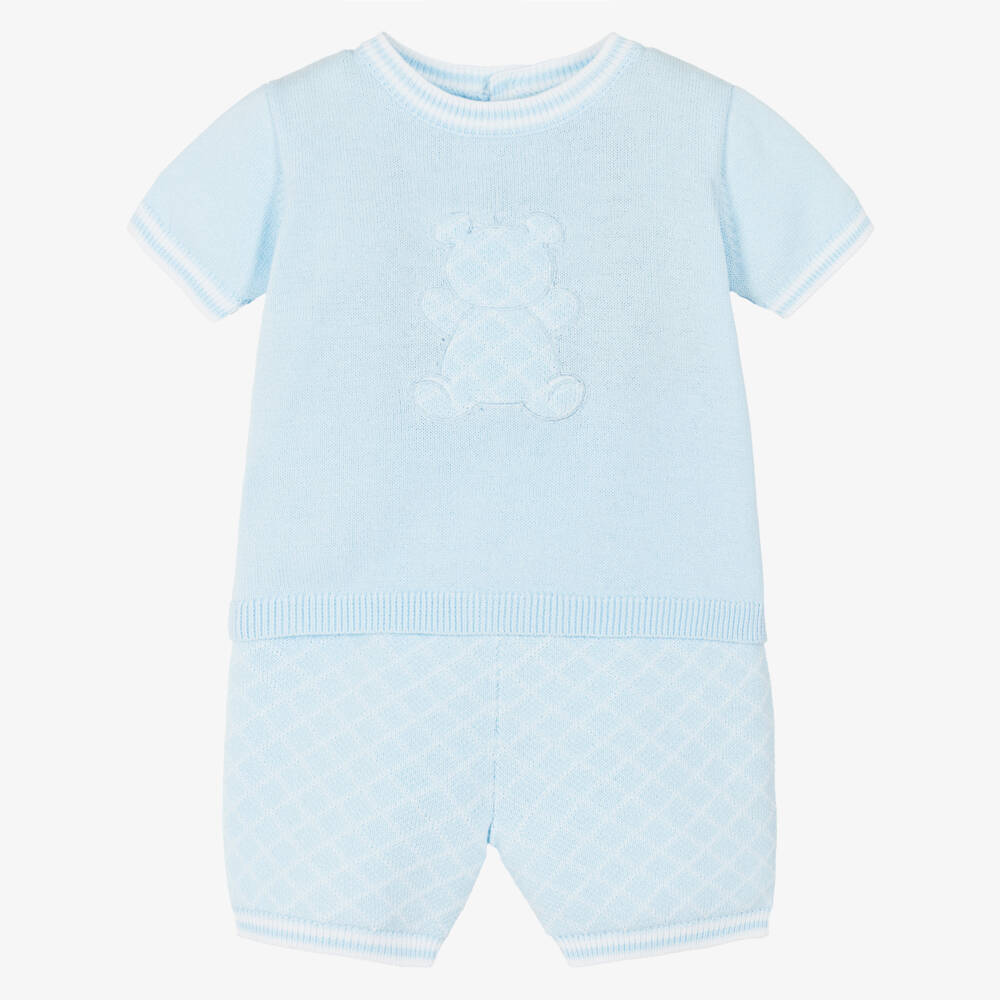 Emile et Rose-Boys Pale Blue Cotton-Knit Teddy Shorts Set | Childrensalon