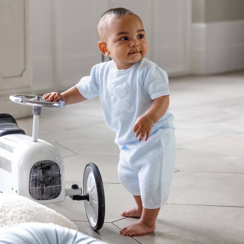 Emile et Rose-Boys Pale Blue Cotton-Knit Teddy Shorts Set | Childrensalon