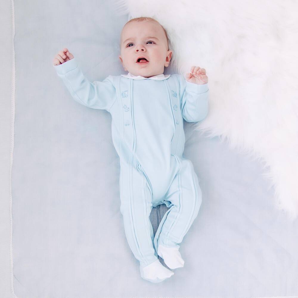 Emile et Rose-Boys Pale Blue Pintuck Babygrow with Embroidery | Childrensalon