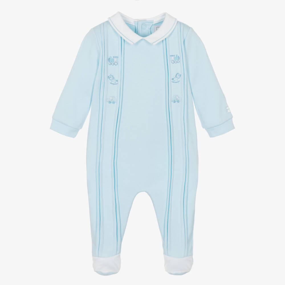 Emile et Rose-Boys Pale Blue Pintuck Babygrow with Embroidery | Childrensalon