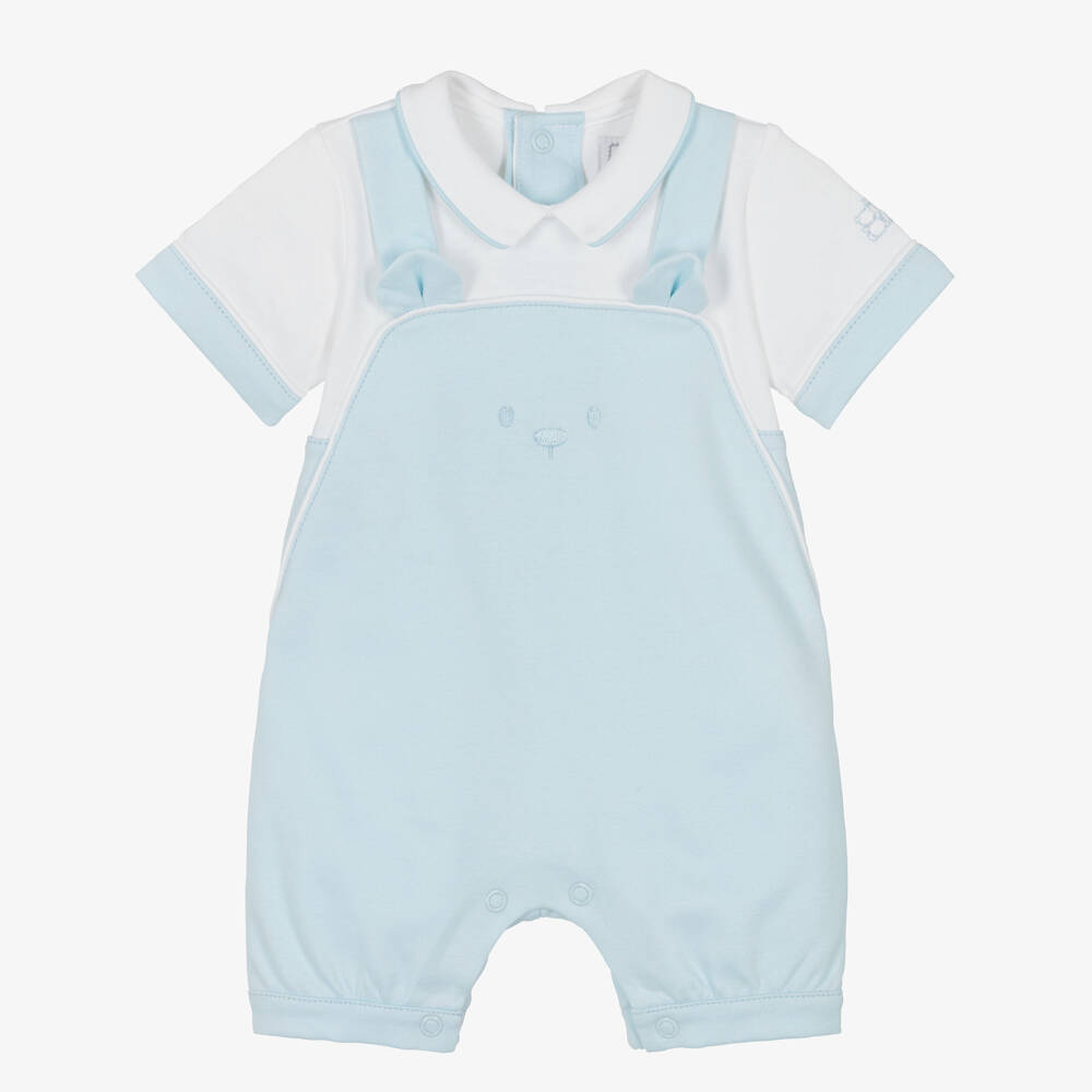 Emile et Rose-Boys Pale Blue & White Cotton Dungaree Shortie | Childrensalon