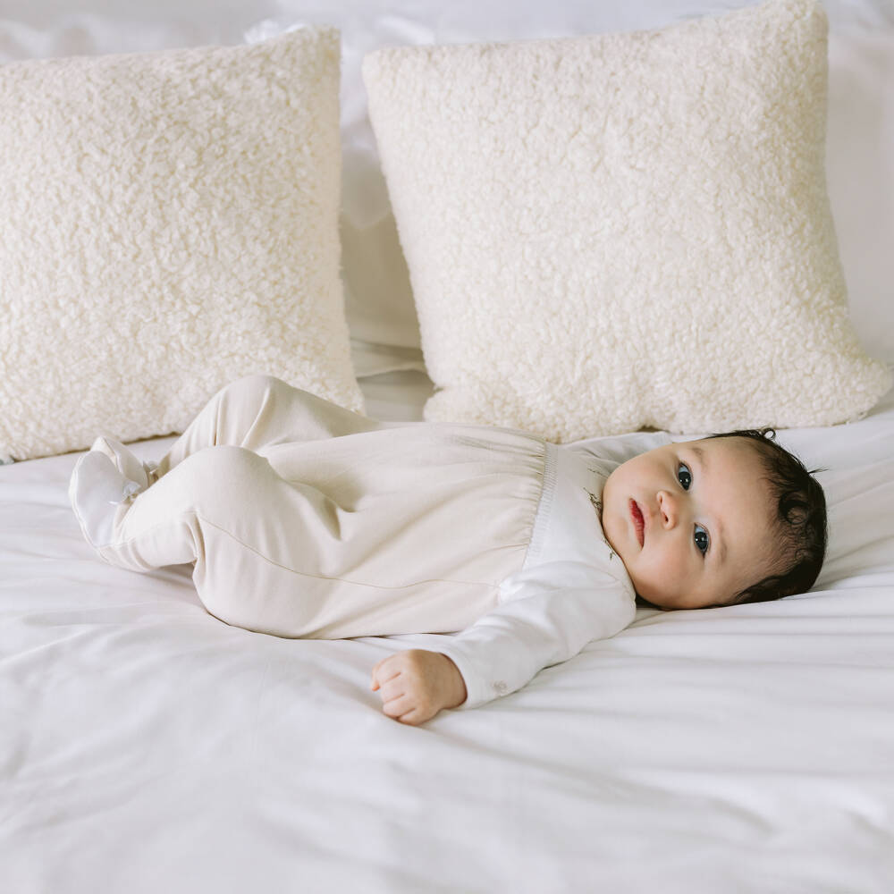 Emile et Rose-Girls Beige & White Cotton Babygrow with Floral Embroidery | Childrensalon