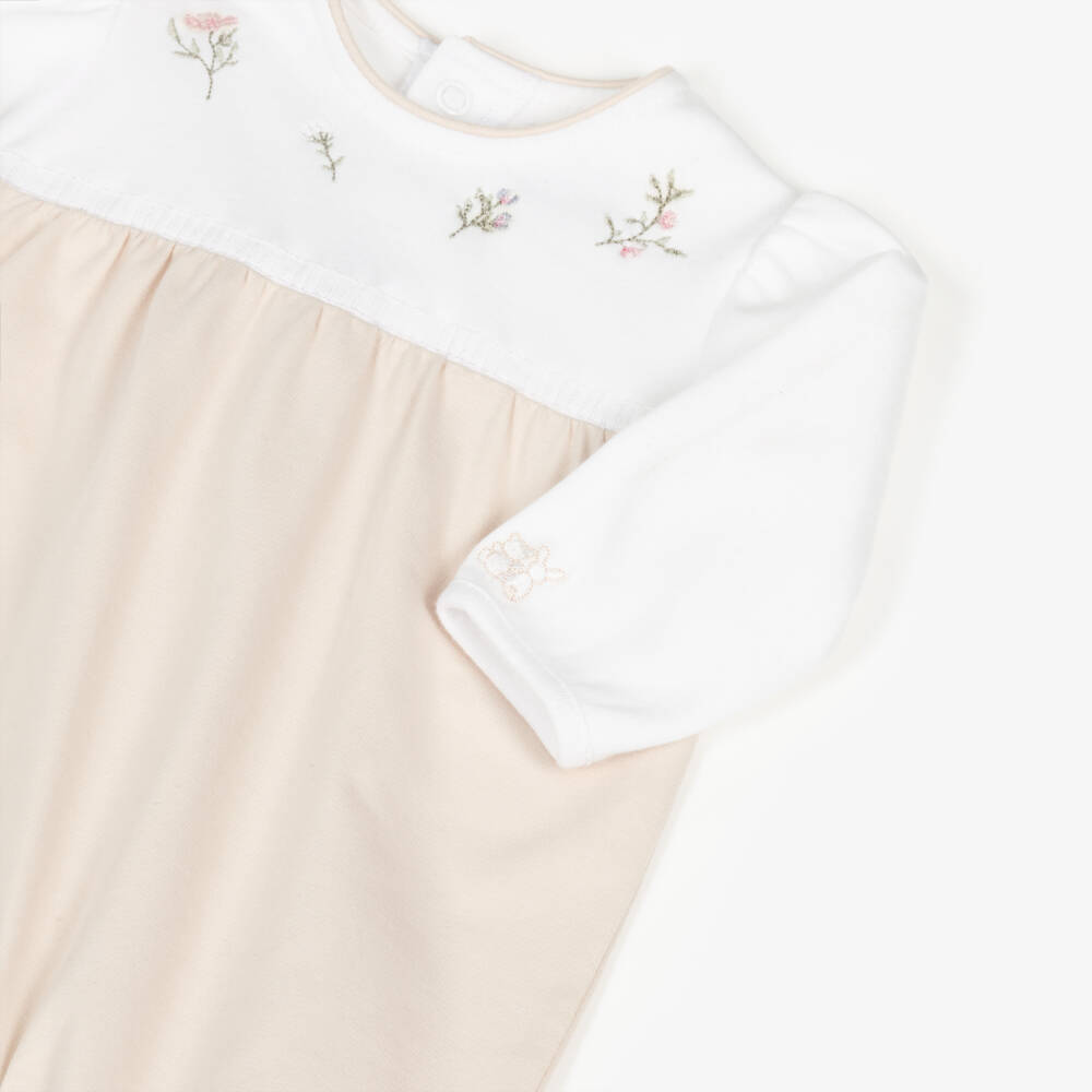 Emile et Rose-Girls Beige & White Cotton Babygrow with Floral Embroidery | Childrensalon