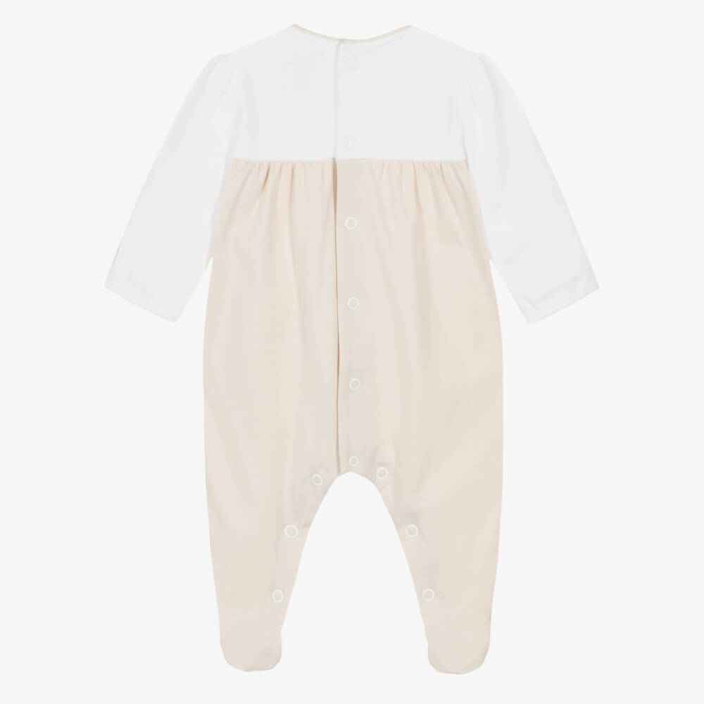 Emile et Rose-Girls Beige & White Cotton Babygrow with Floral Embroidery | Childrensalon