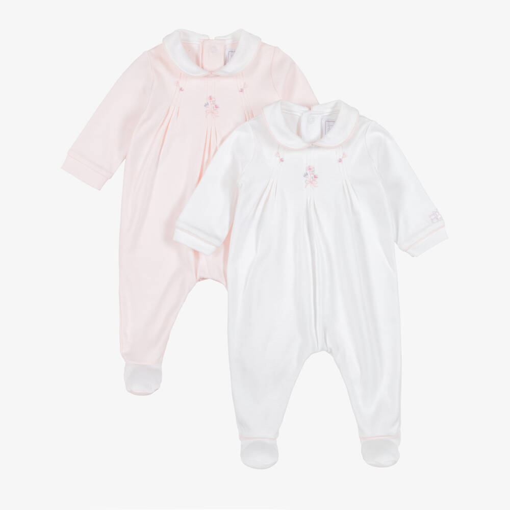 Emile et Rose-Girls Ivory & Pink Cotton Babygrows (2 Pack) | Childrensalon