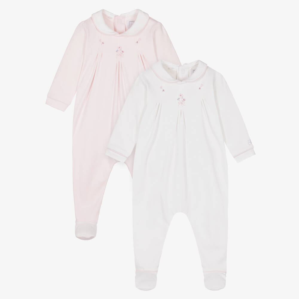 Emile et Rose-Girls Ivory & Pink Cotton Babygrows (2 Pack) | Childrensalon