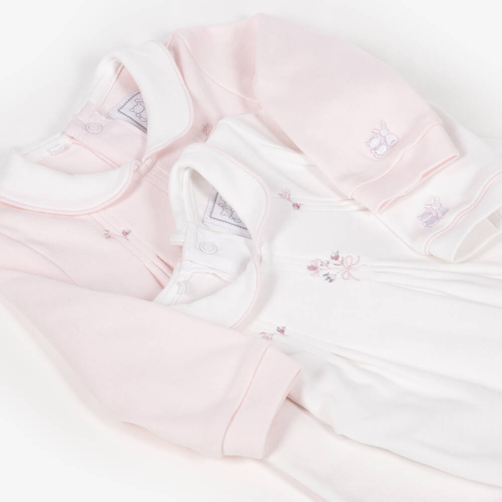 Emile et Rose-Girls Ivory & Pink Cotton Babygrows (2 Pack) | Childrensalon