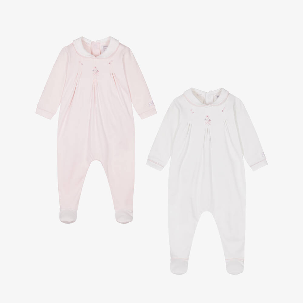 Emile et Rose-Girls Ivory & Pink Cotton Babygrows (2 Pack) | Childrensalon