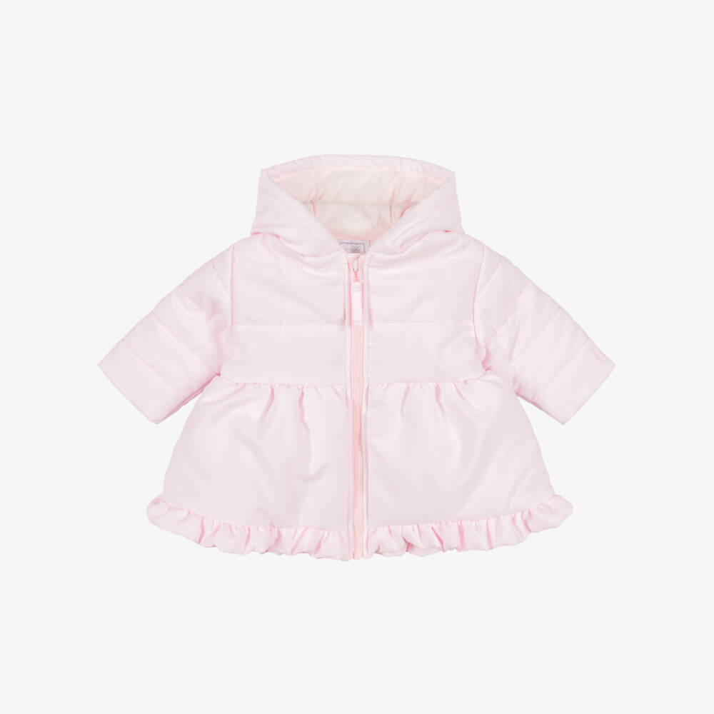 Emile et Rose-Girls Pale Pink Puffer Coat with Frilly Trim | Childrensalon