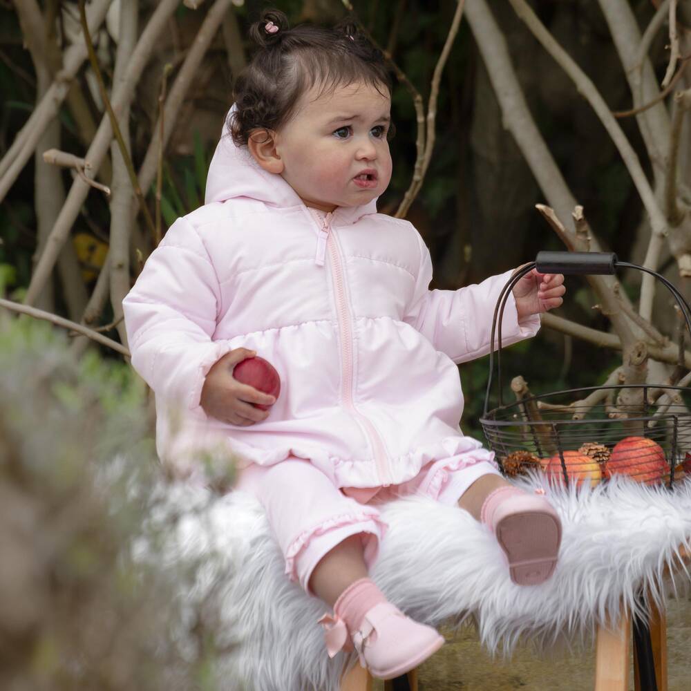 Emile et Rose-Girls Pale Pink Puffer Coat with Frilly Trim | Childrensalon