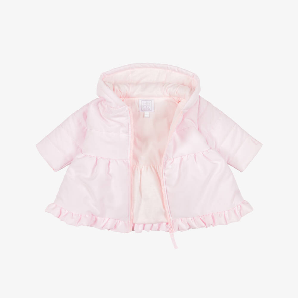 Emile et Rose-Girls Pale Pink Puffer Coat with Frilly Trim | Childrensalon