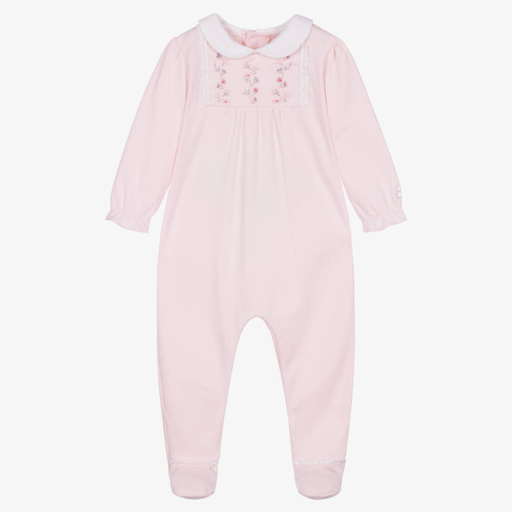 Emile et Rose-Girls Pink Cotton Babygrow with Floral Embroidery  | Childrensalon