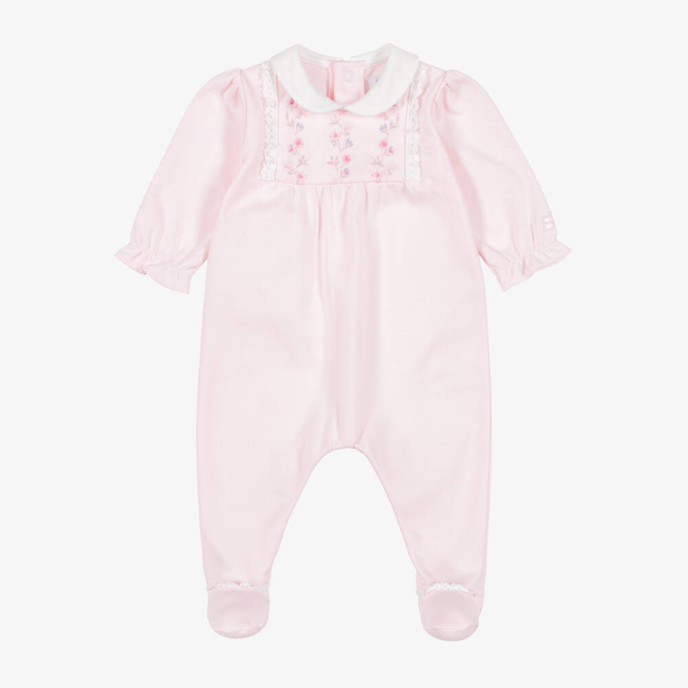 Emile et Rose-Girls Pink Cotton Babygrow with Floral Embroidery  | Childrensalon