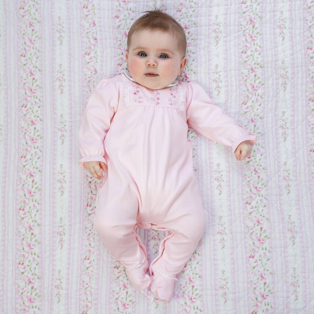 Emile et Rose-Girls Pink Cotton Babygrow with Floral Embroidery | Childrensalon