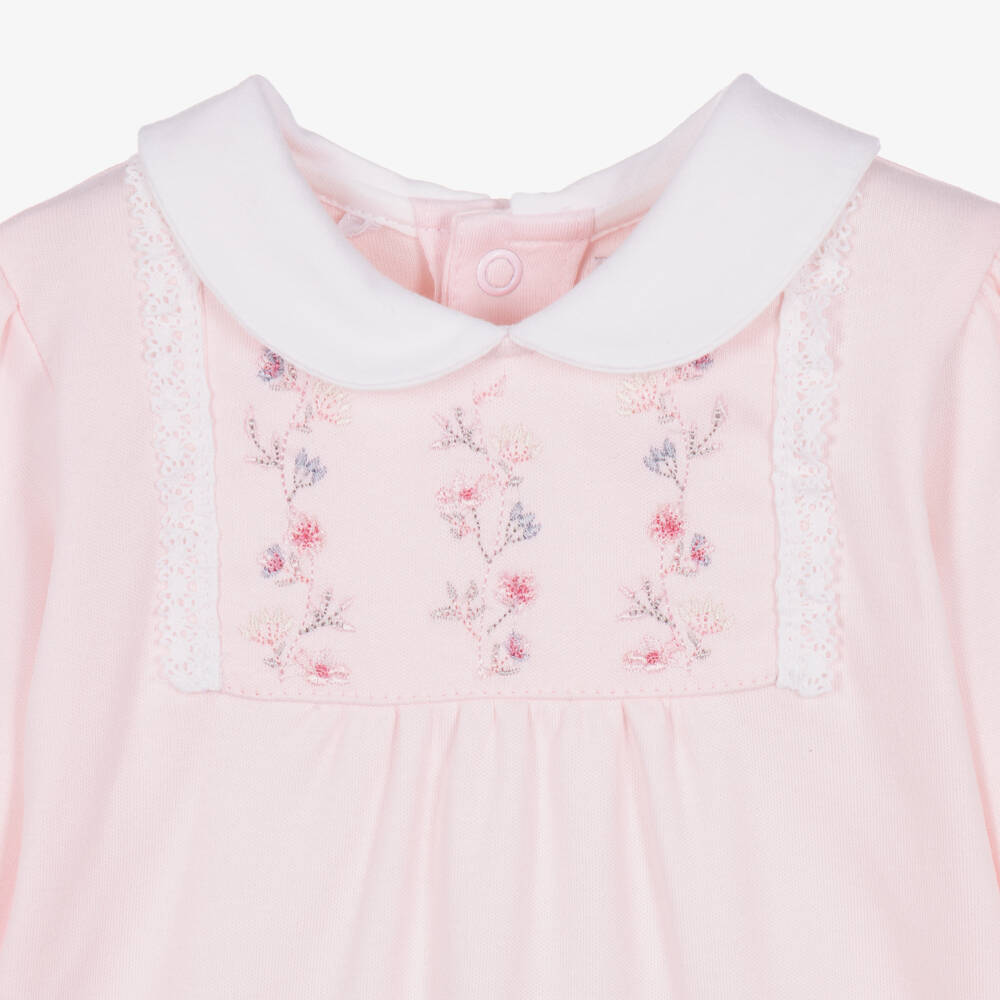 Emile et Rose-Girls Pink Cotton Babygrow with Floral Embroidery | Childrensalon