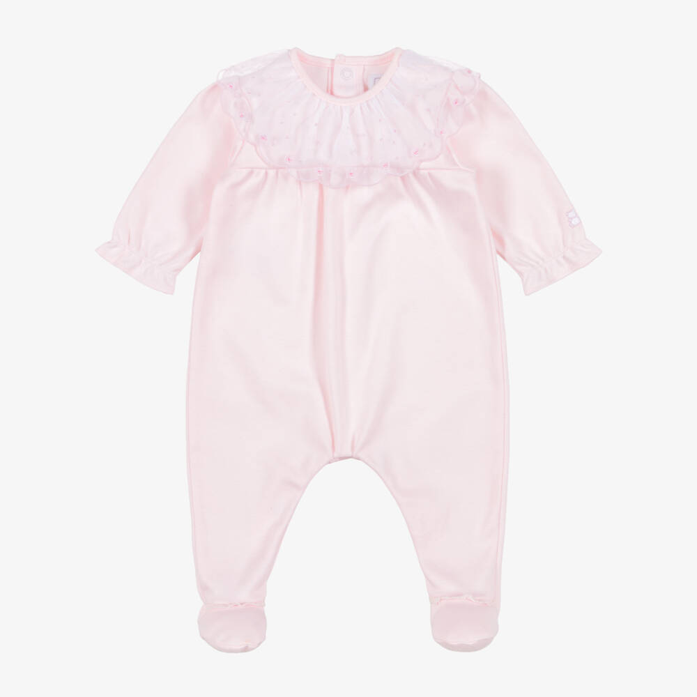 Emile et Rose-Girls Pink Cotton Babygrow with Tulle Ruffle Collar | Childrensalon