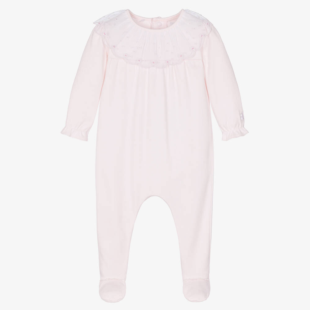 Emile et Rose-Girls Pink Cotton Babygrow with Tulle Ruffle Collar | Childrensalon