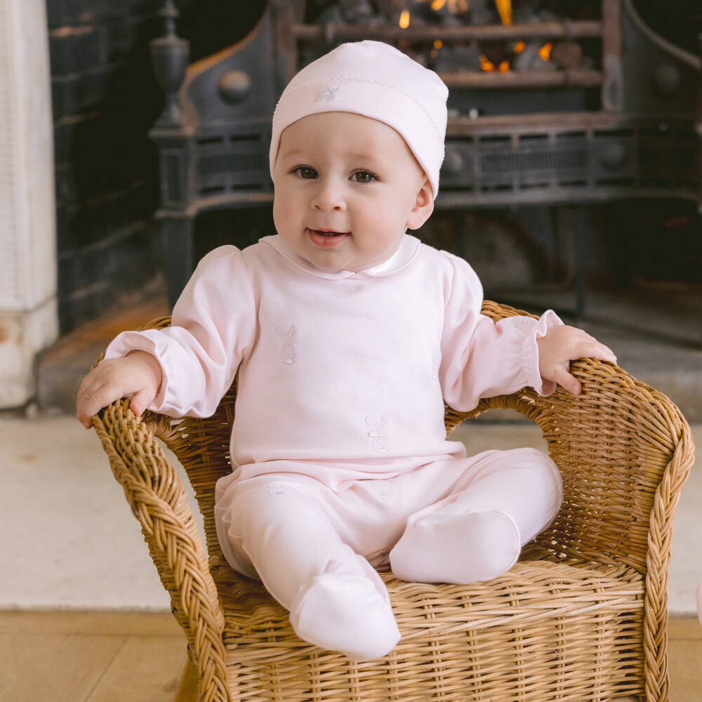 Emile et Rose-Girls Pink Cotton Babysuit Set with Embroidered Bunnies | Childrensalon