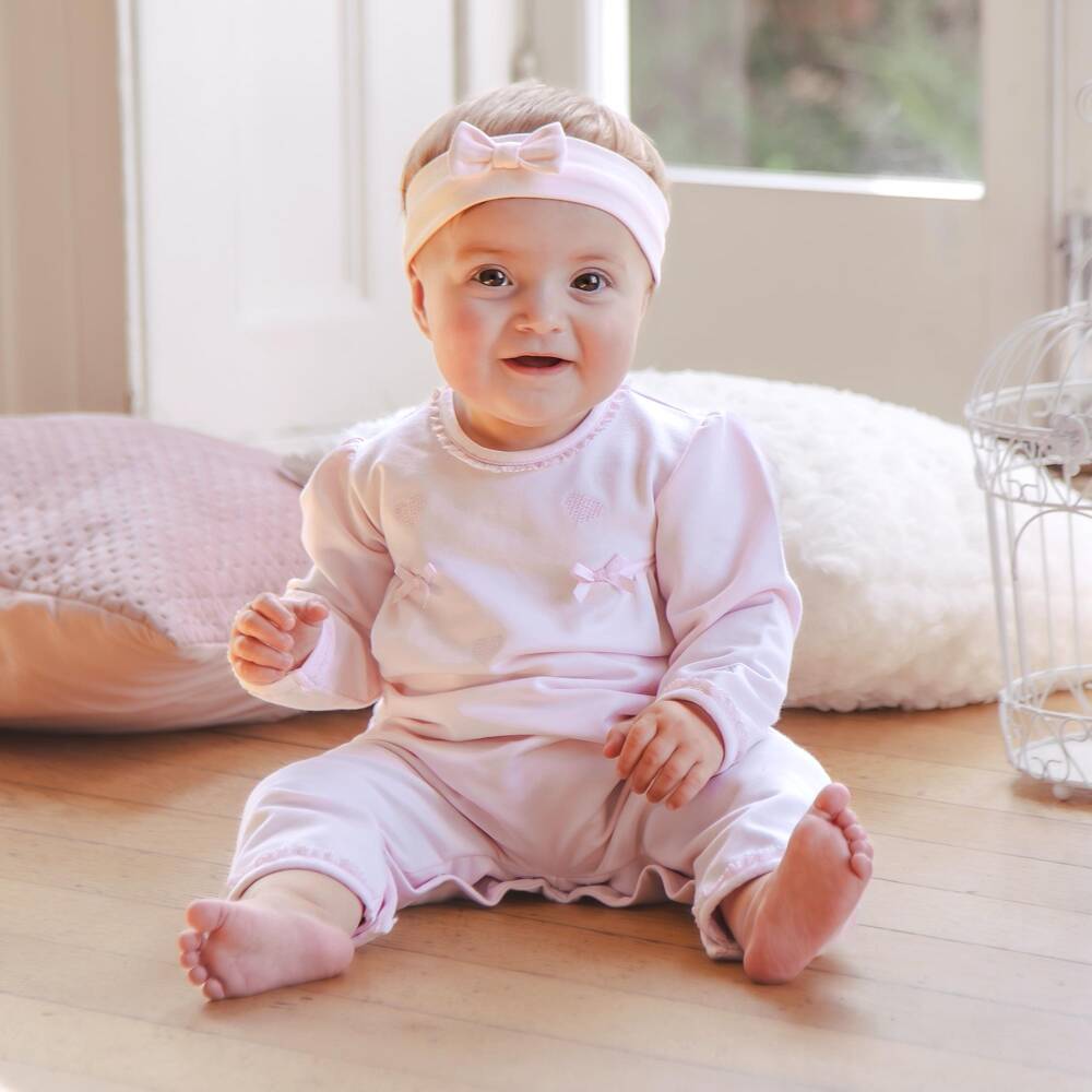 Emile et Rose-Girls Pink Cotton Babysuit Set with Heart Embroidery | Childrensalon