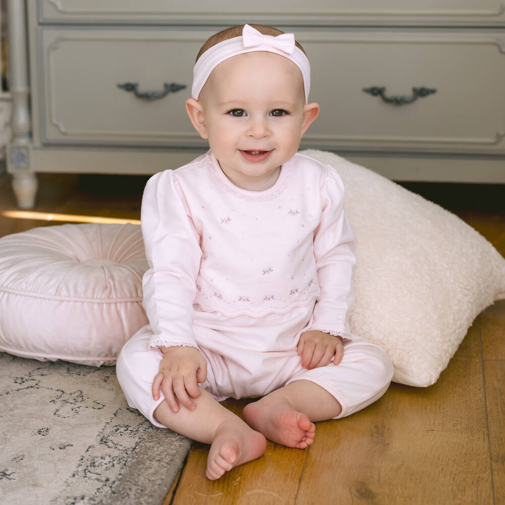Emile et Rose-Girls Pink Cotton Floral Embroidered Babysuit Set | Childrensalon