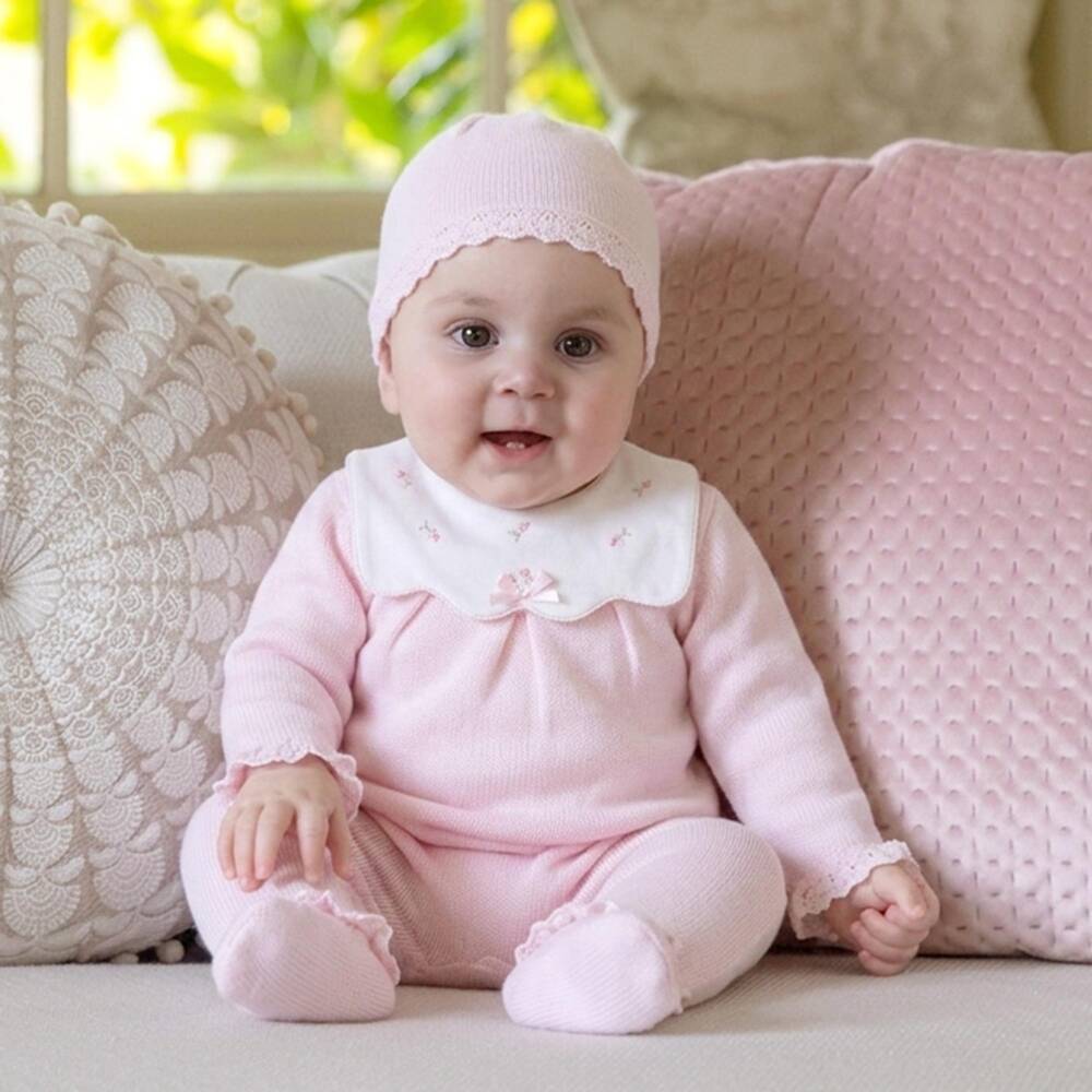 Emile et Rose-Girls Pink Cotton Knit Babysuit & Hat Set | Childrensalon