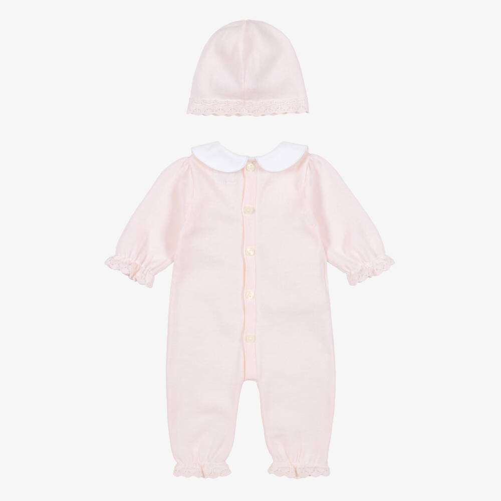 Emile et Rose-Girls Pink Cotton Knit Babysuit & Hat Set | Childrensalon
