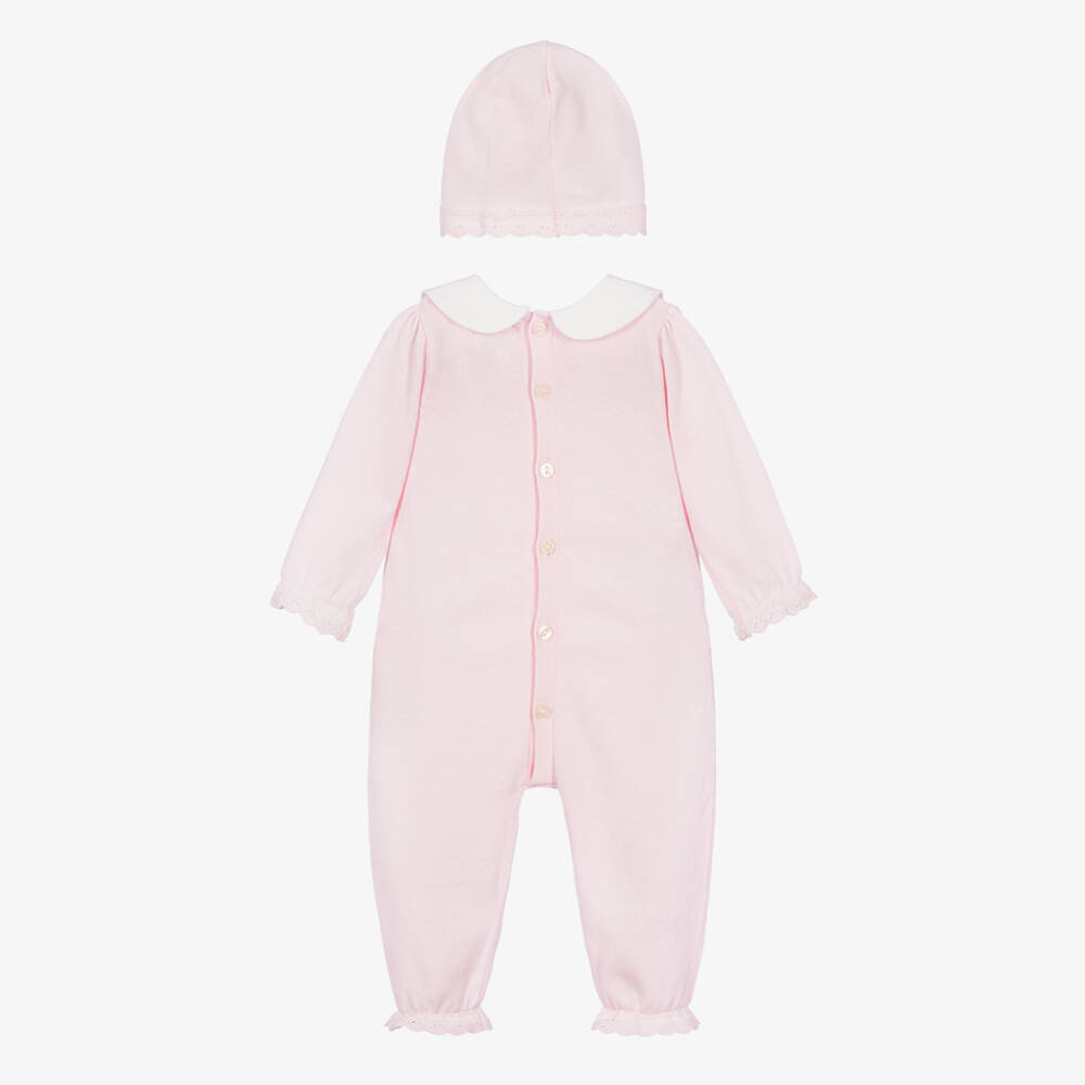 Emile et Rose-Girls Pink Cotton Knit Babysuit & Hat Set | Childrensalon