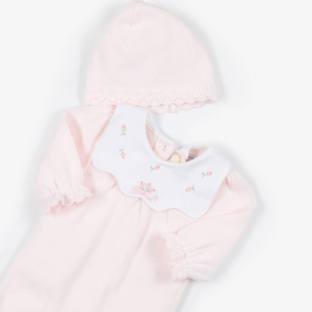 Emile et Rose-Girls Pink Cotton Knit Babysuit & Hat Set | Childrensalon