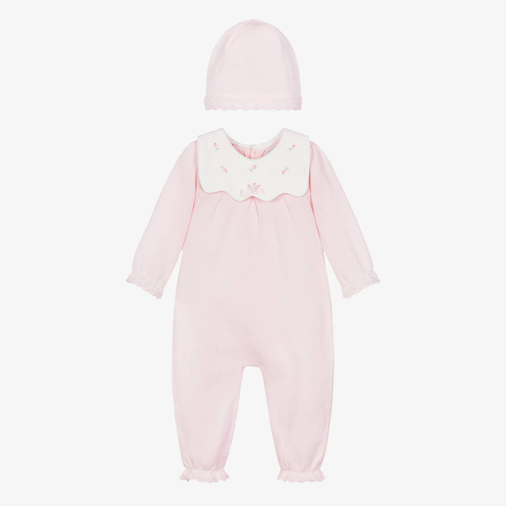 Emile et Rose-Girls Pink Cotton Knit Babysuit & Hat Set | Childrensalon