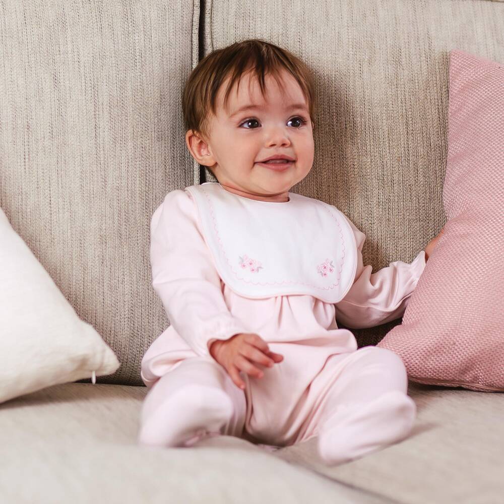 Emile et Rose-Girls Pink Cotton Pleated Babysuit & Bib Set | Childrensalon