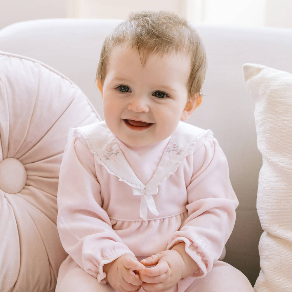 Emile et Rose-Girls Pink Velour Babygrow with Embroidered Collar | Childrensalon