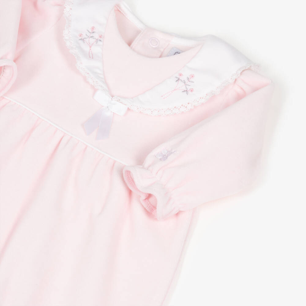 Emile et Rose-Girls Pink Velour Babygrow with Embroidered Collar | Childrensalon