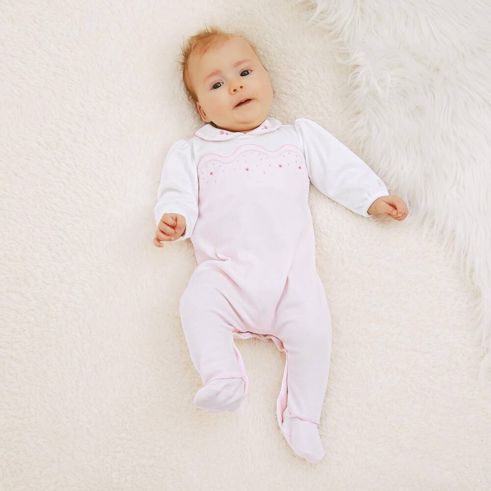 Emile et Rose-Girls Pink & White Babygrow with Floral Embroidery | Childrensalon