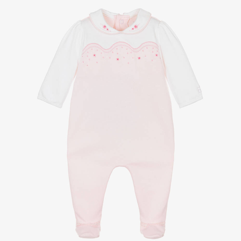 Emile et Rose-Girls Pink & White Babygrow with Floral Embroidery | Childrensalon