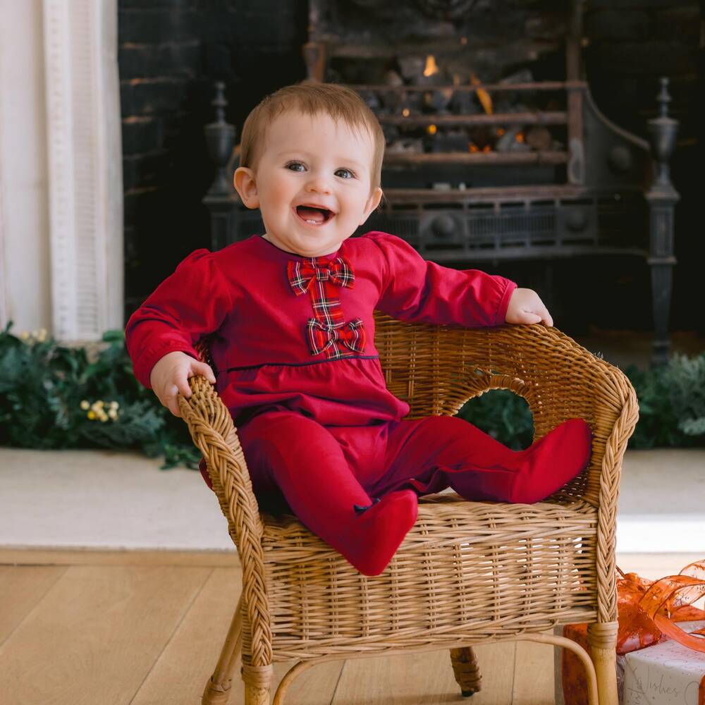 Emile et Rose-Girls Red Cotton Babygrow with Tartan Bows | Childrensalon