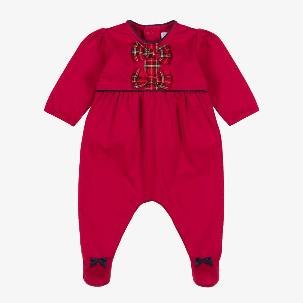 Emile et Rose-Girls Red Cotton Babygrow with Tartan Bows | Childrensalon