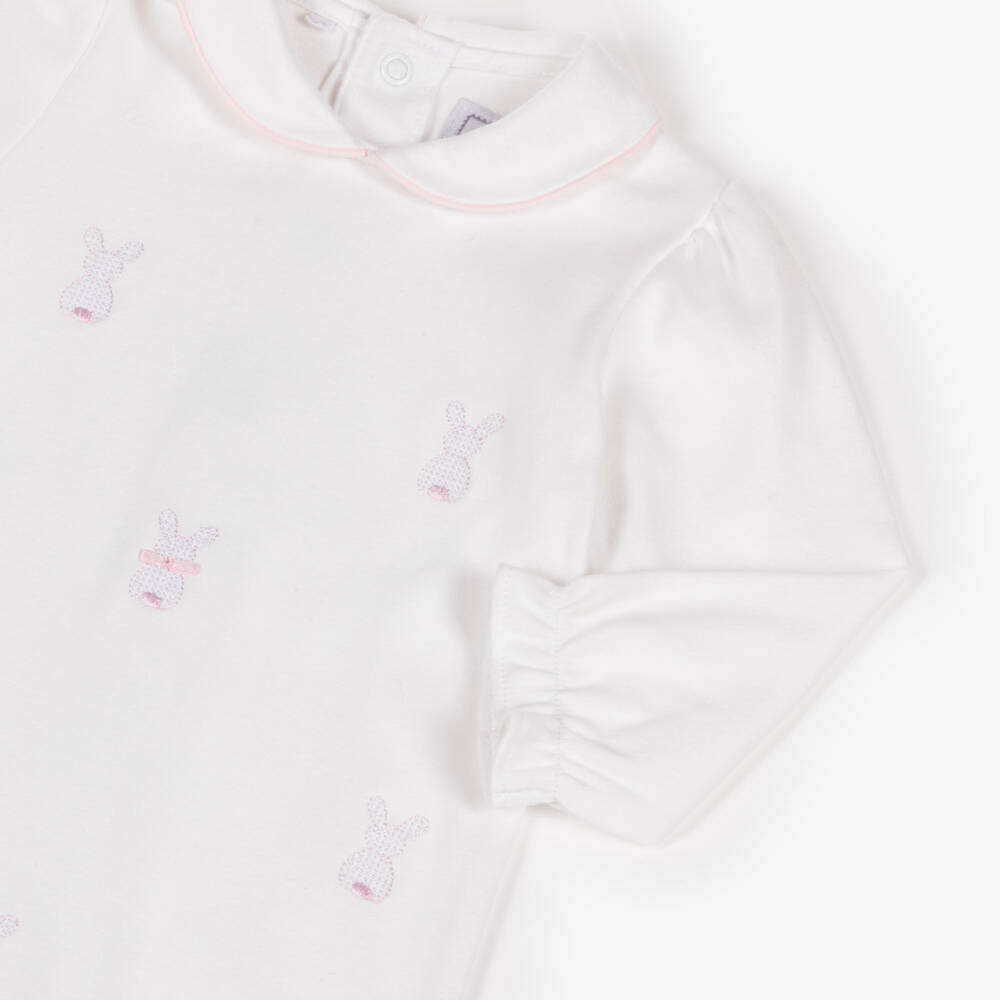 Emile et Rose-Girls White Cotton Babygrow Set with Embroidered Bunnies | Childrensalon