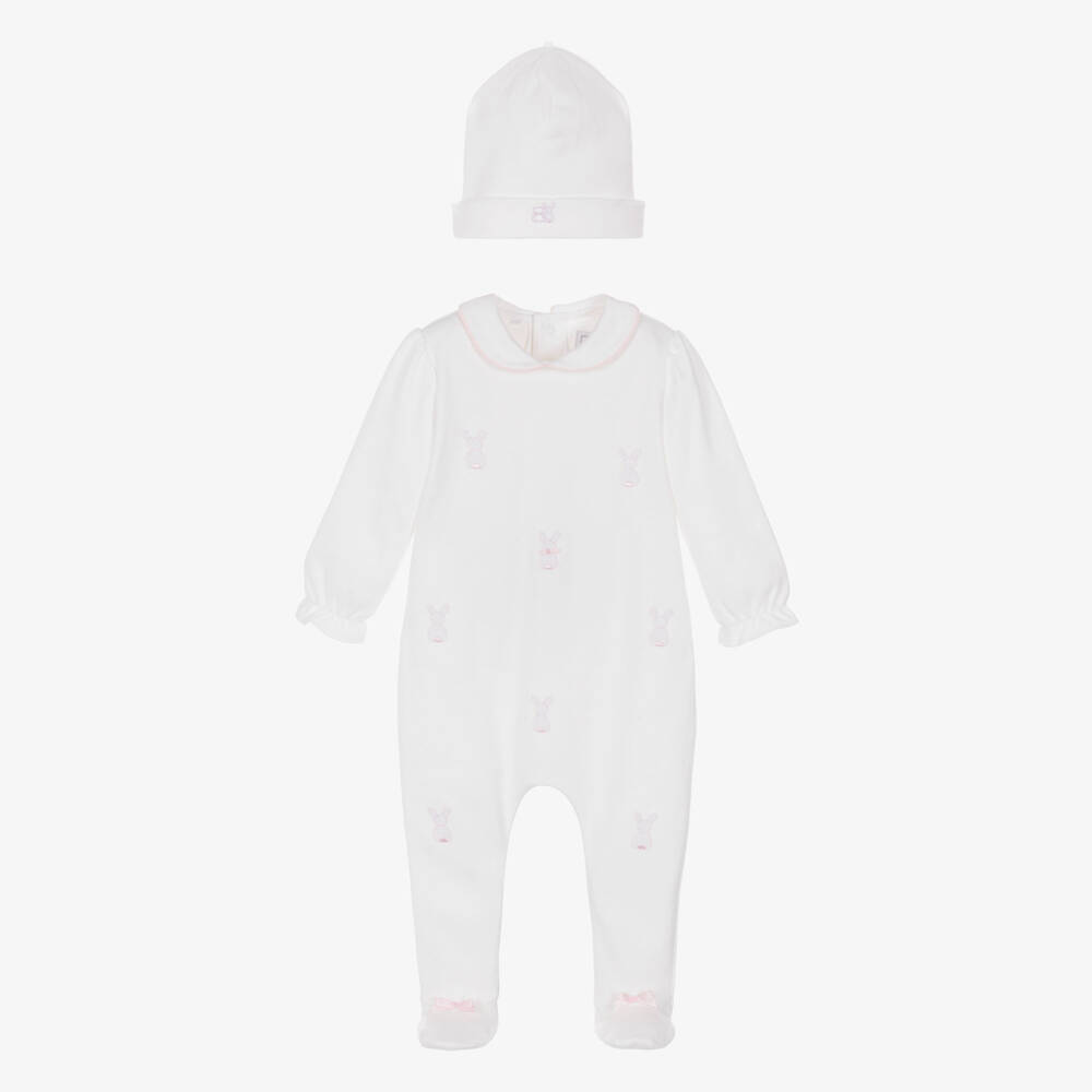 Emile et Rose-Girls White Cotton Babygrow Set with Embroidered Bunnies | Childrensalon