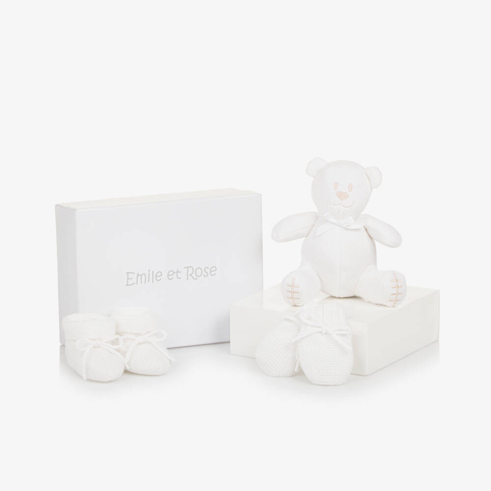 Emile et Rose-White Mitts & Booties Baby Gift Set with Teddy Bear | Childrensalon