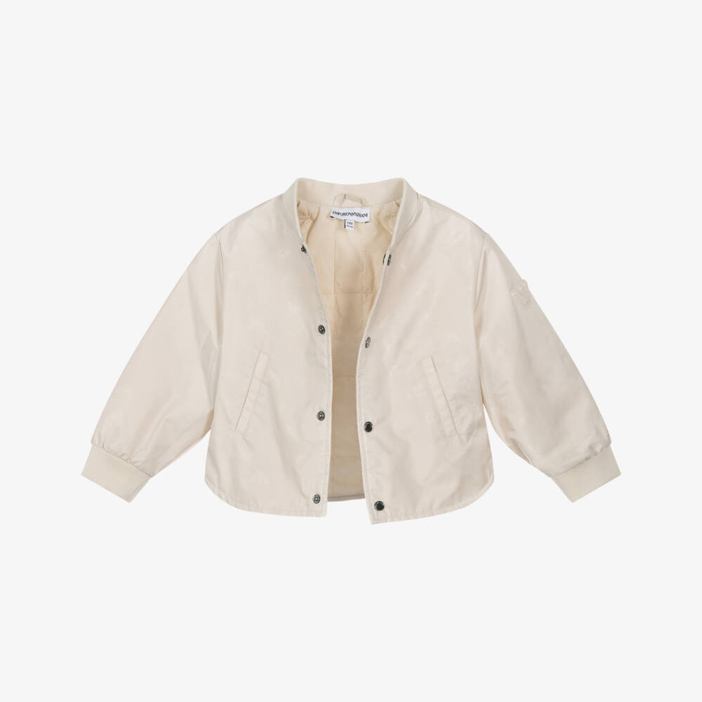 Emporio Armani-Baby Boys Beige Bomber Jacket with Jacquard Eagle Logo | Childrensalon