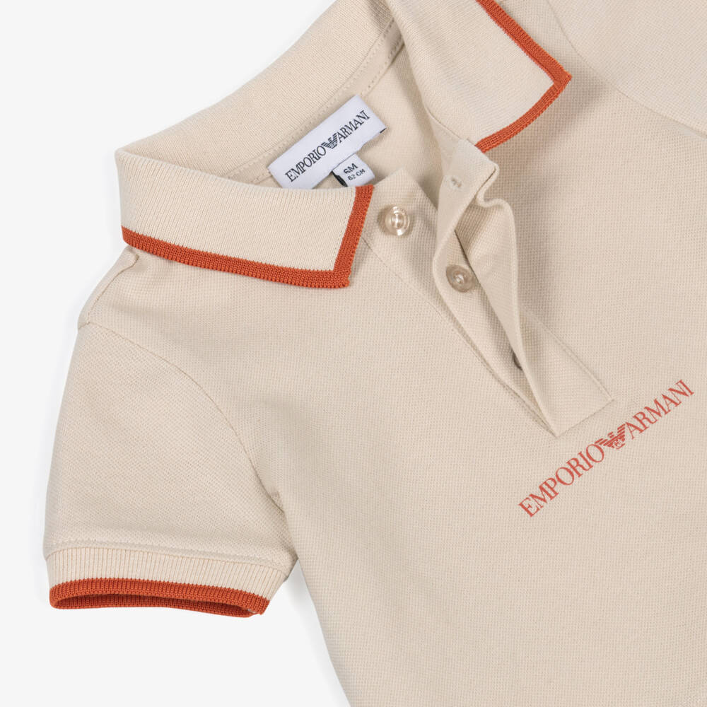 Emporio Armani-Baby Boys Beige Cotton Piqué Tipped Polo Shirt | Childrensalon
