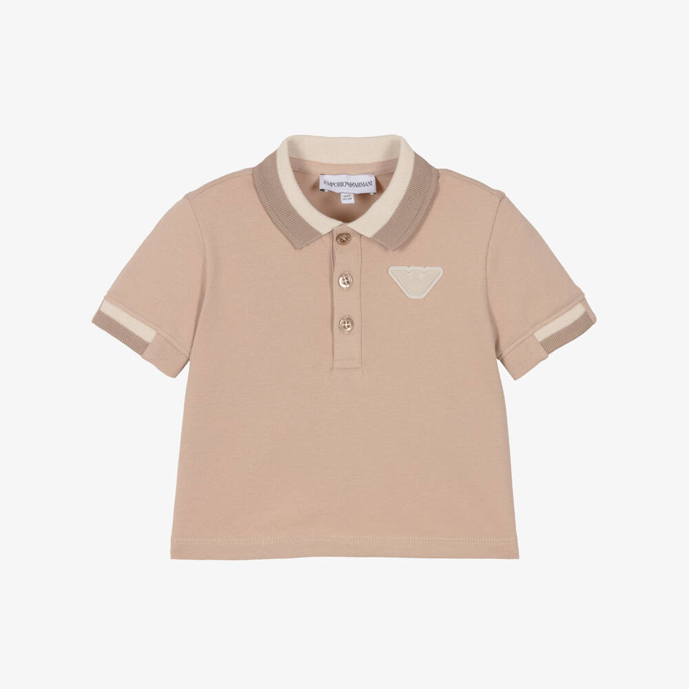 Emporio Armani-Baby Boys Beige Cotton Polo Shirt with Beige Trims | Childrensalon