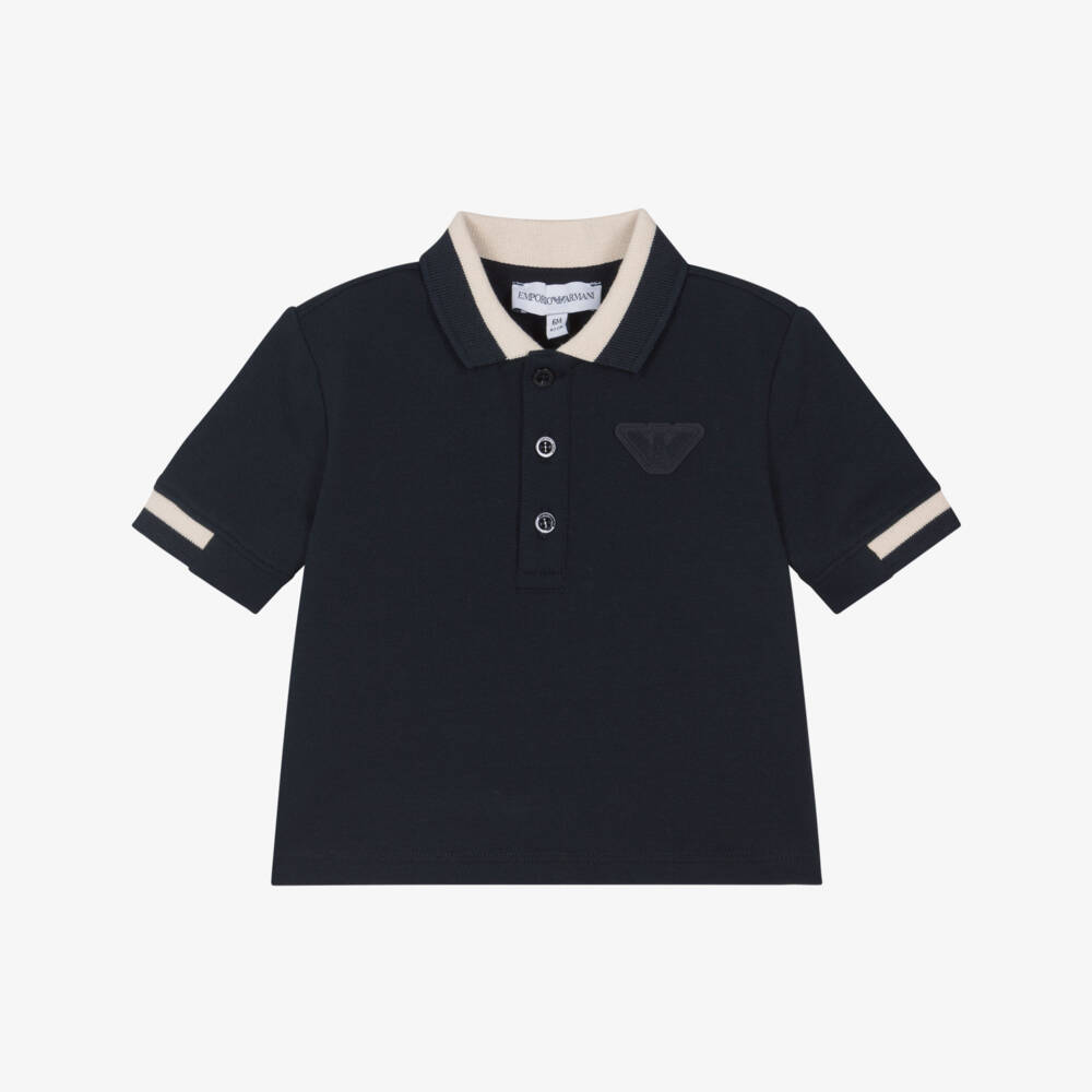 Emporio Armani-Baby Boys Blue Cotton Polo Shirt with Beige Trims | Childrensalon